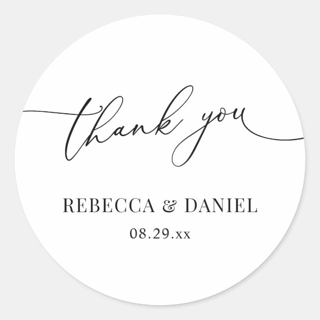 Elegant Black and White Script Thank You Favours Classic Round Sticker (Front)