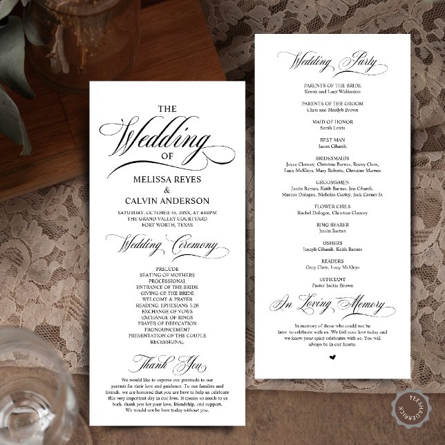 Elegant Black and White Script Wedding Ceremony Program (Elegant Cream and Grey Script Wedding Ceremony Order Program Card in Black and White)