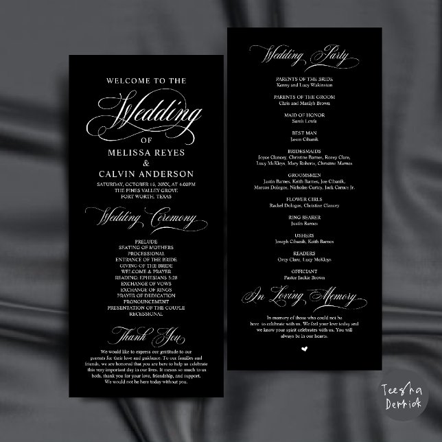 Elegant Black and White Script Wedding Ceremony Program (Elegant Classic Black and White Script Wedding Ceremony Program Card)