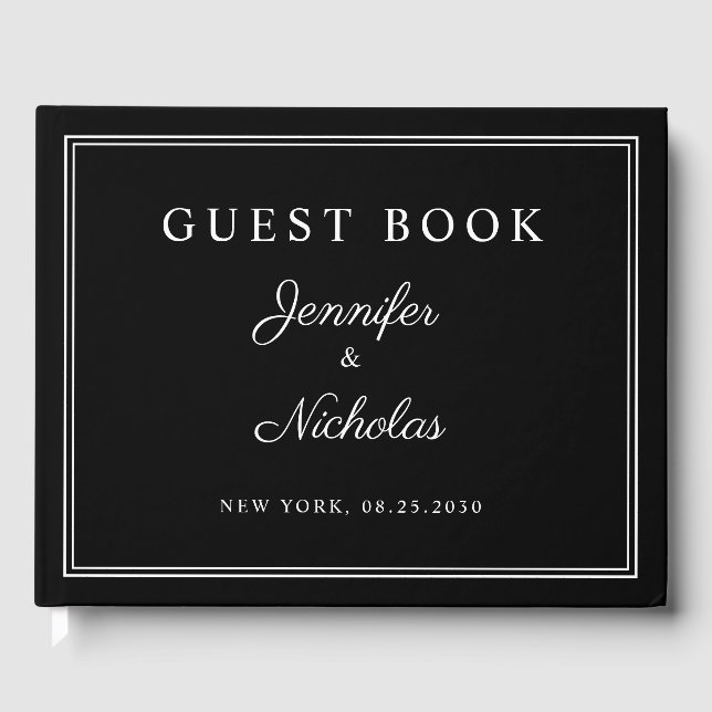 Elegant Black And White Script Wedding Guest Book (Front)