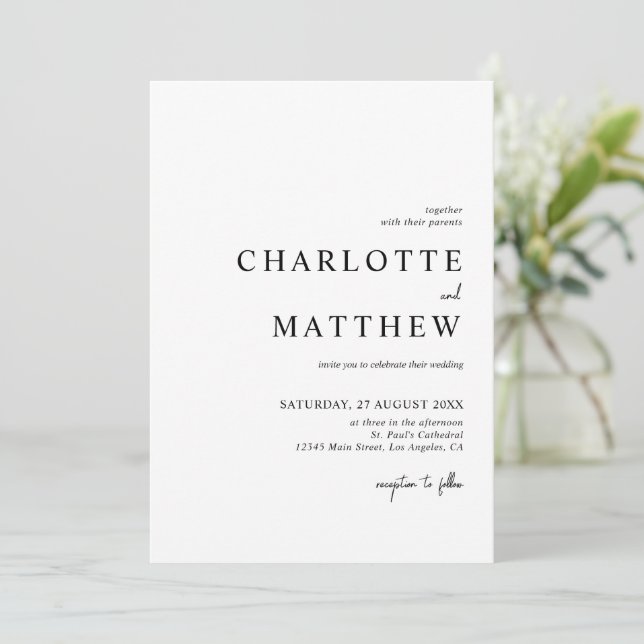 Elegant Black and White Script Wedding Invitation (Standing Front)