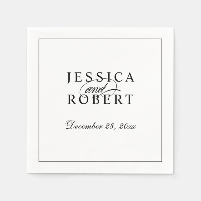 Elegant Black and White Script Wedding Napkin (Front)