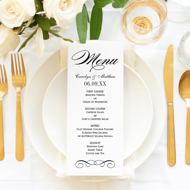 Elegant Black and White Scroll Wedding Monogram Menu (Creator Uploaded)