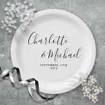 Elegant Black And White Signature Script  Wedding Paper Plate<br><div class="desc">Elegant signature black and white wedding paper plates personalized with signature style names and your special wedding date. Designed by Thisisnotme©</div>