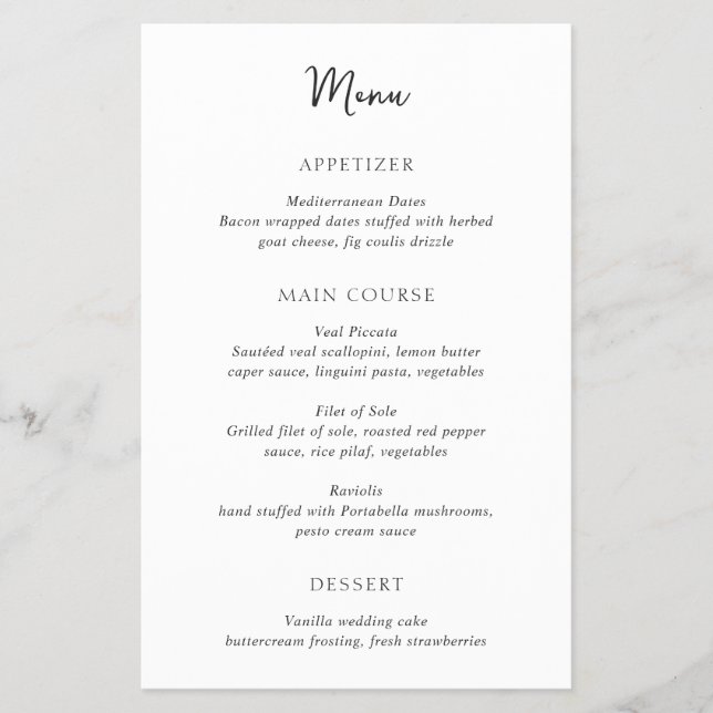 Elegant Black and White Simple Budget Wedding Menu (Front)