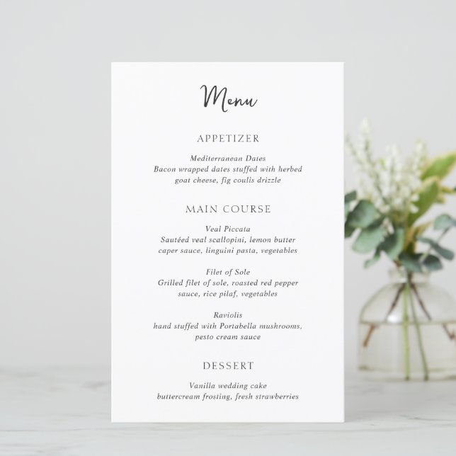 Elegant Black and White Simple Modern Wedding Menu (Standing Front)