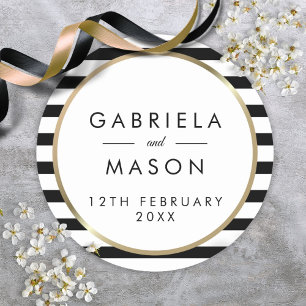 Elegant Black and White Stripe Gold Wedding Classic Round Sticker