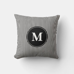 Elegant Black and White Stripe Pattern Monogram Throw Pillow