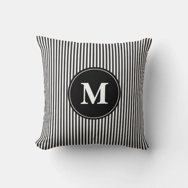 Elegant Black and White  Stripe Pattern Monogram Throw Pillow (Front)