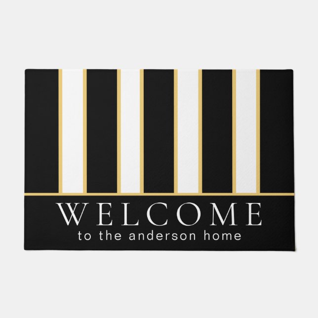 Elegant Black and White Stripe Personalized Doormat (Front)