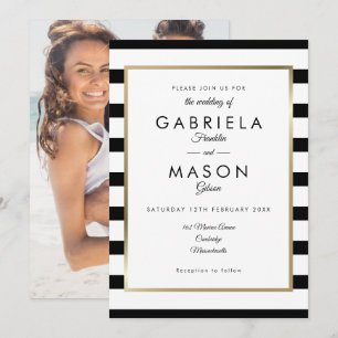 Elegant Black And White Stripe Photo Wedding Invitation