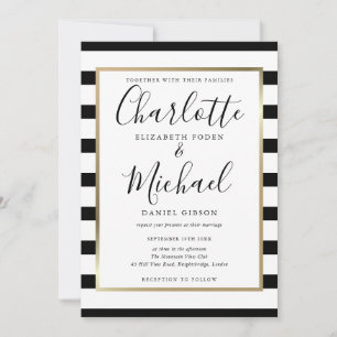 Elegant Black And White Stripe Script Gold Wedding Invitation