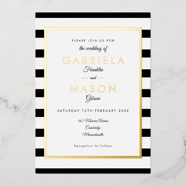 Elegant Black And White Stripe Wedding Gold  (Front)