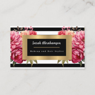 Elegant Black and White Striped Floral Business Card