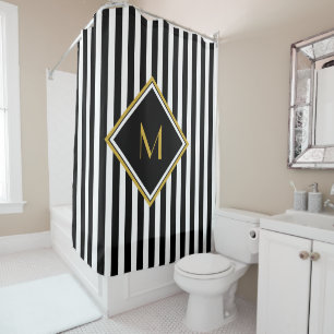 Elegant Black and White Stripes Gold Monogram