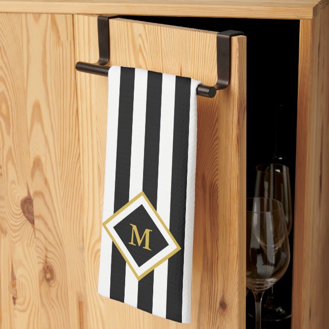 Elegant Black and White Stripes Gold Monogram Kitchen Towel (Thirds Fold)