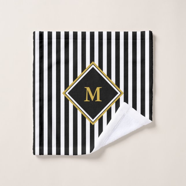 Elegant Black and White Stripes Gold Monogram Wash Cloth (Wash Cloth)