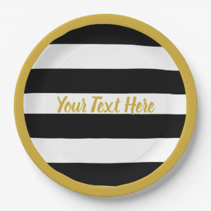 Elegant  Black and White Stripes Gold Script Text Paper Plate