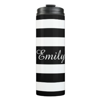 Elegant Black And White Stripes Name Thermal Tumbler