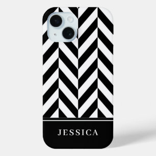Elegant Black And White Stripes Pattern Name iPhone 15 Case