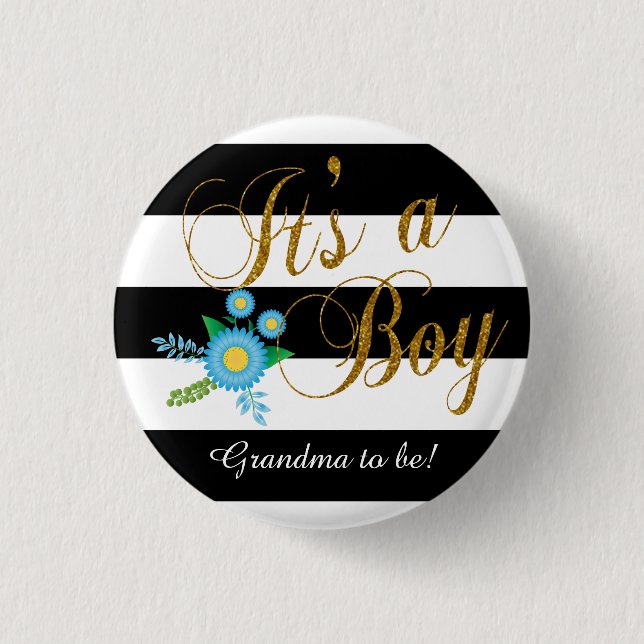 Elegant Black and White Stripes With Blue Floral 1 Inch Round Button (Front)