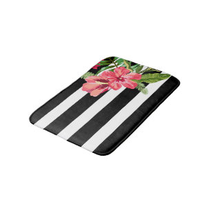 Elegant Black And White Stripes With Flowers Bath Mat