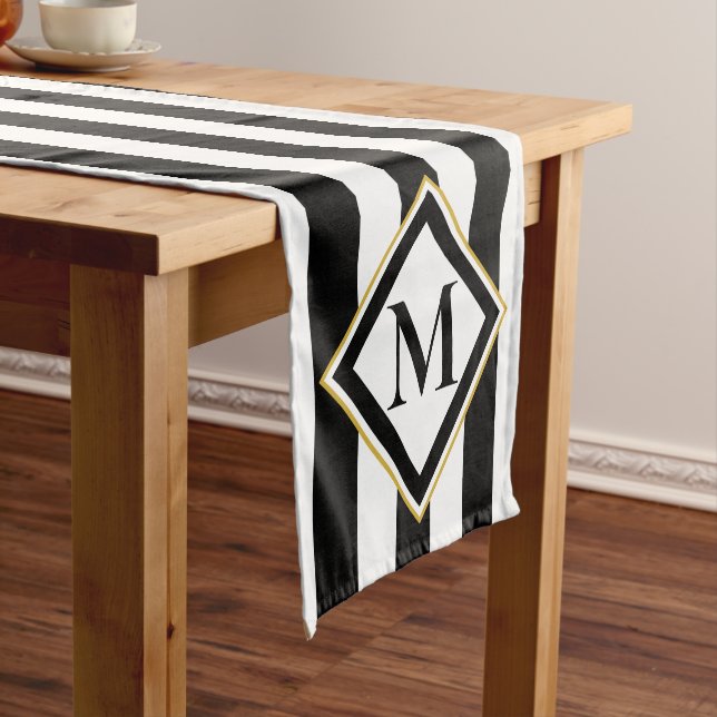 Elegant Black and White Stripes with Monogram Short Table Runner (In Situ)
