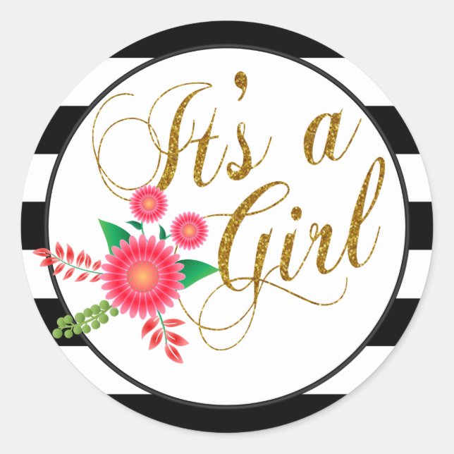 Elegant Black and White Stripes With Pink Floral Classic Round Sticker (Front)