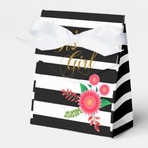 Elegant Black and White Stripes With Pink Floral Favor Box