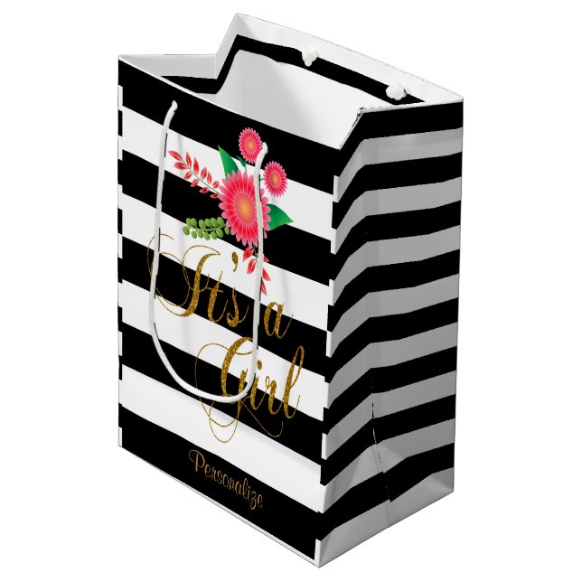Elegant Black and White Stripes With Pink Floral Medium Gift Bag (Front Angled)
