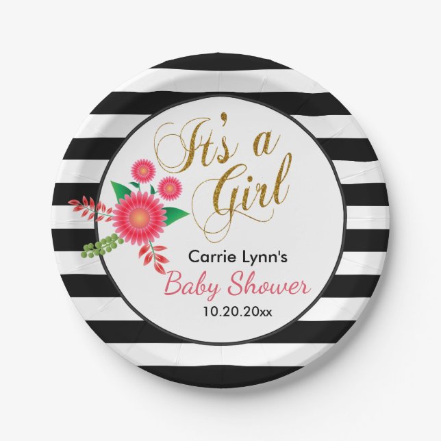 Elegant Black and White Stripes With Pink Floral Paper Plate (Front)