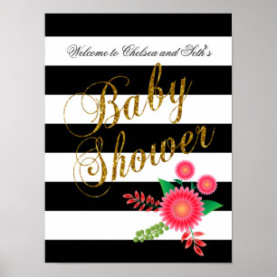Elegant Black and White Stripes With Pink Floral Poster