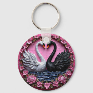 Elegant Black and White Swans with Crown Keychain