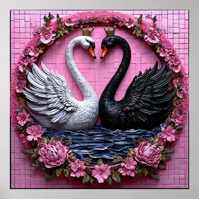 Elegant Black and White Swans with Crown Poster (Front)