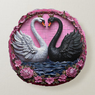 Elegant Black and White Swans with Crown Round Pillow