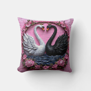 Elegant Black and White Swans with Crown Throw Pillow
