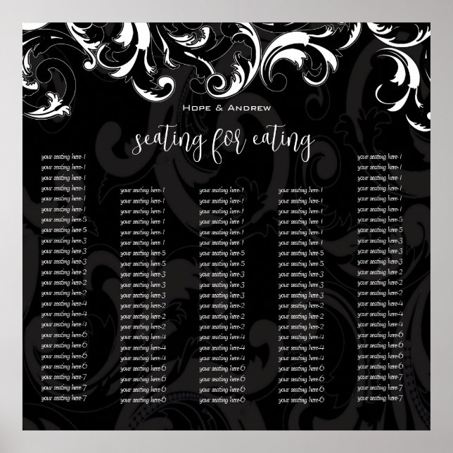 Elegant Black and White Swirl Seating Chart (Front)