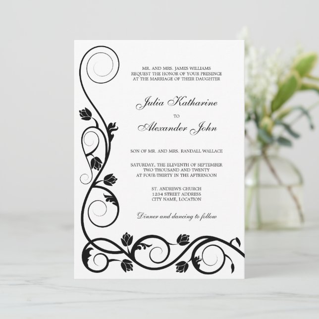 Elegant Black and White Swirls Invitation (Standing Front)