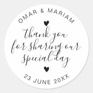 Elegant Black and White Thank You Wedding Favour Classic Round Sticker
