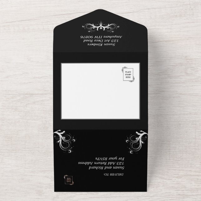 Elegant Black and White Tri Fold w Rsvp Wedding All In One Invitation (Outside)
