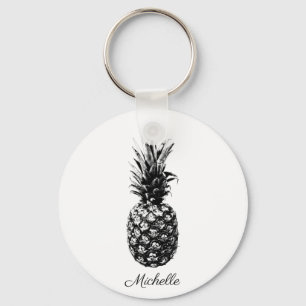 Elegant black and white Tropical  Pineapple Custom Keychain