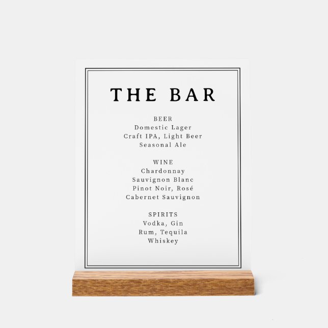Elegant Black and White Typographic Bar Menu Acrylic Sign (Front)