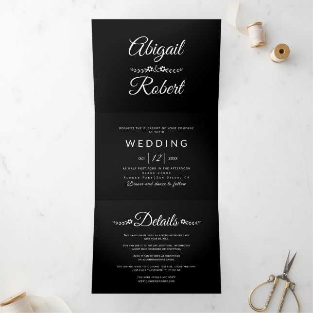 Elegant black and white typography photo wedding Tri-Fold invitation (Inside)