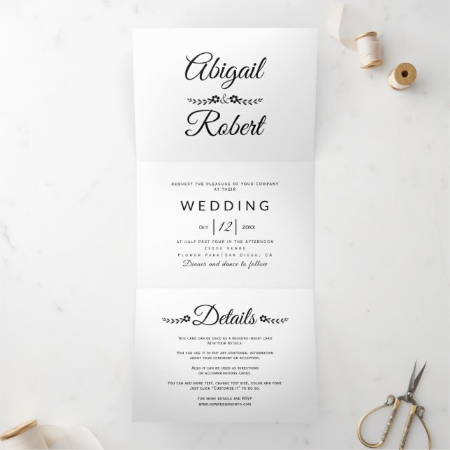 Elegant black and white typography photo wedding Tri-Fold invitation (Inside)