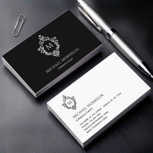 Elegant Black and White Vintage Crest Monogram Business Card