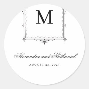 Elegant Black and White Vintage Monogram Wedding Classic Round Sticker