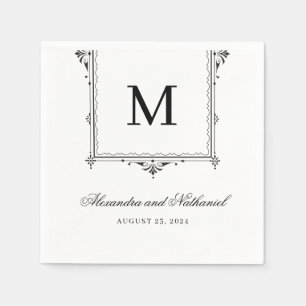 Elegant Black and White Vintage Monogram Wedding Napkin