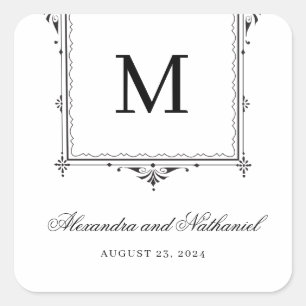 Elegant Black and White Vintage Monogram Wedding Square Sticker