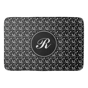 Elegant Black and White Vintage Pattern Monogram Bath Mat