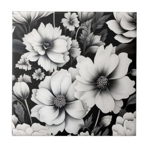 Elegant Black and White Watercolor Floral Tile